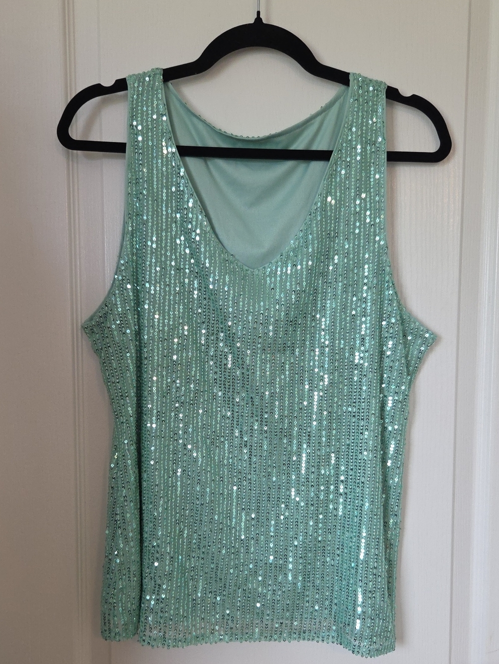 Sequin Aqua Green Sleeveless V-Neck Top